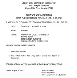 Notice of Meeting-Special Board Meeting-Thursday August 18, 2022 at Union City Education Center
